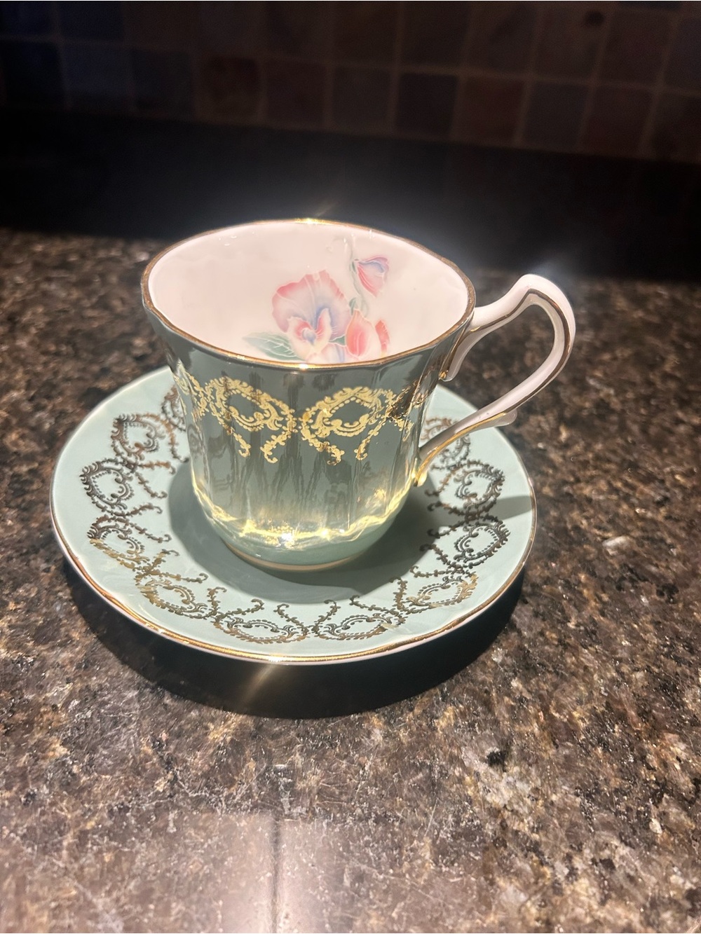 Vintage-Style Teacup and Saucer Set in Sage Green with Gold Trim